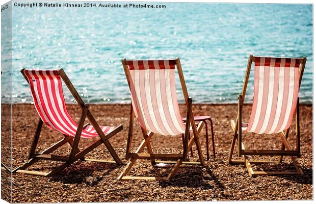 Stripy Deckchairs Pebble Beach Sea and Sunshine Canvas Print by Natalie Kinnear