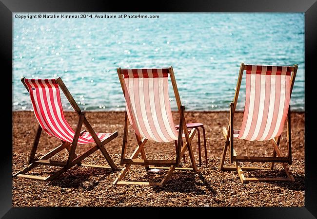 Stripy Deckchairs Pebble Beach Sea and Sunshine Framed Print by Natalie Kinnear