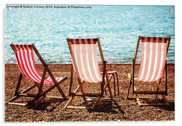 Stripy Deckchairs Pebble Beach Sea and Sunshine Acrylic by Natalie Kinnear
