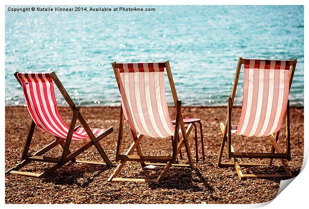 Stripy Deckchairs Pebble Beach Sea and Sunshine Print by Natalie Kinnear