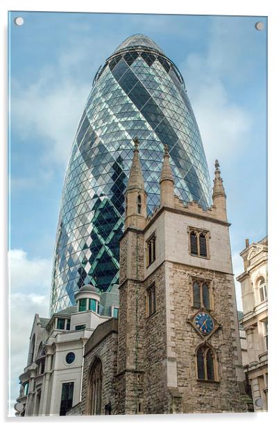 Gherkin and St Andrew Undershaft Acrylic by Gary Eason