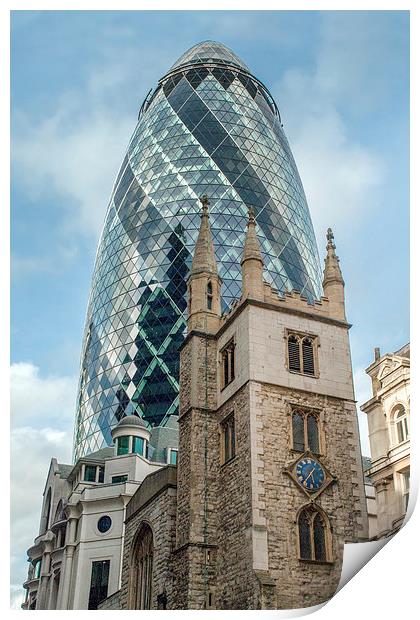 Gherkin and St Andrew Undershaft Print by Gary Eason