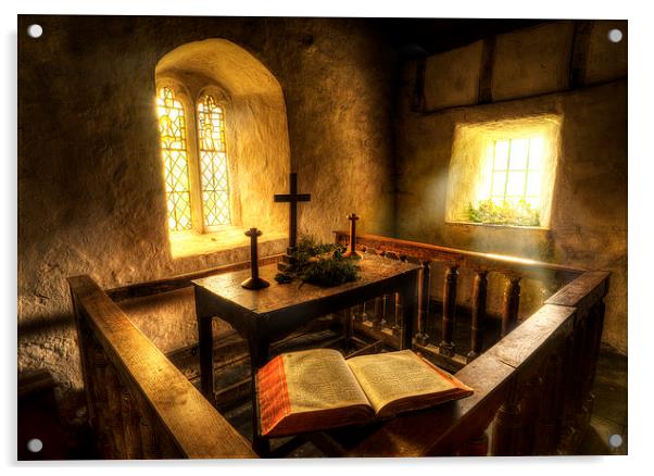  A bible at the altar at Llanrhychwyn Church Acrylic by Mal Bray