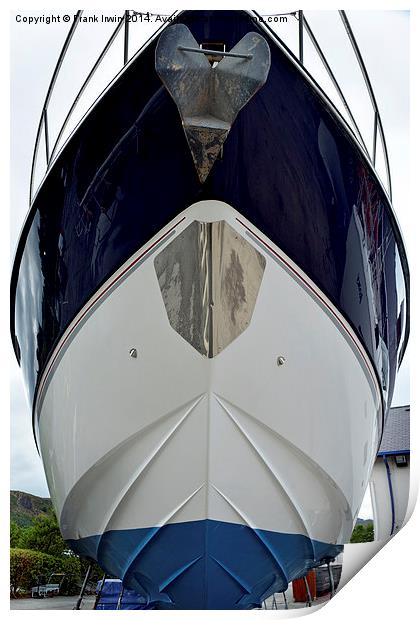  The bow of a yacht set against a blue sky. Print by Frank Irwin