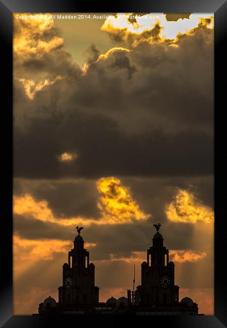 Fiery Sky Above The Liver Building Framed Print by Paul Madden