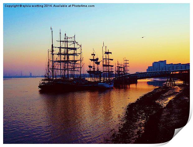  Tall Ships festival at sunrise Print by sylvia scotting