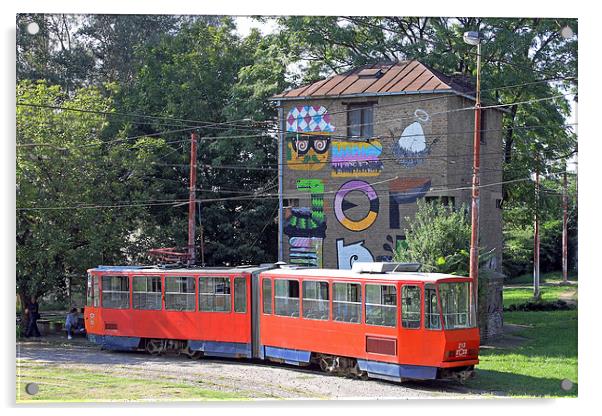 Red Tram in Belgrade  Acrylic by Tony Murtagh