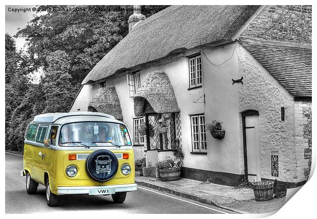  Volkswagen Camper and Thatched Cottage in West Lu Print by David Birchall
