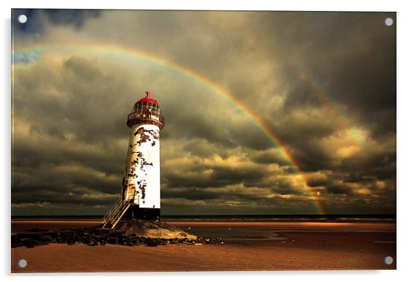  Rainbow over Talacre Lighthouse Point of Ayr Wale Acrylic by Mal Bray