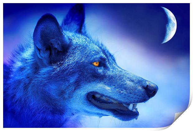  Blue Wolf Moon Fantasy Print by Mal Bray