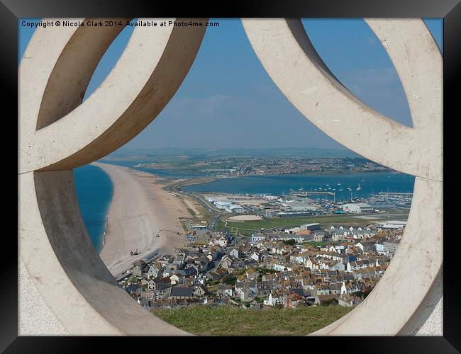 Chesil Beach Through Olympic Rings Framed Print by Nicola Clark
