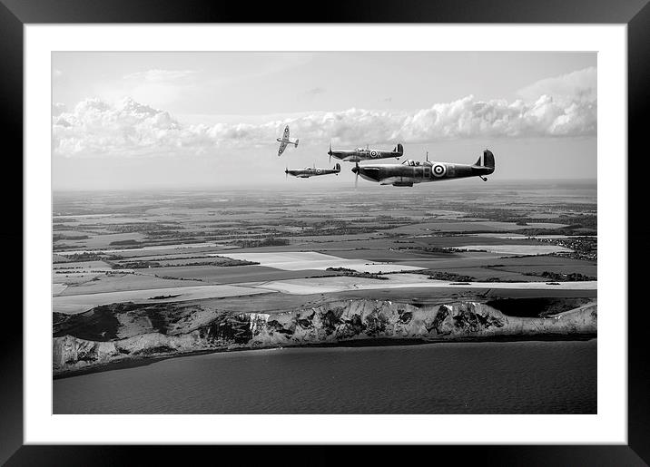 White Cliffs Spitfires black and white version Framed Mounted Print by Gary Eason