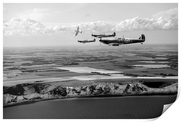 White Cliffs Spitfires black and white version Print by Gary Eason