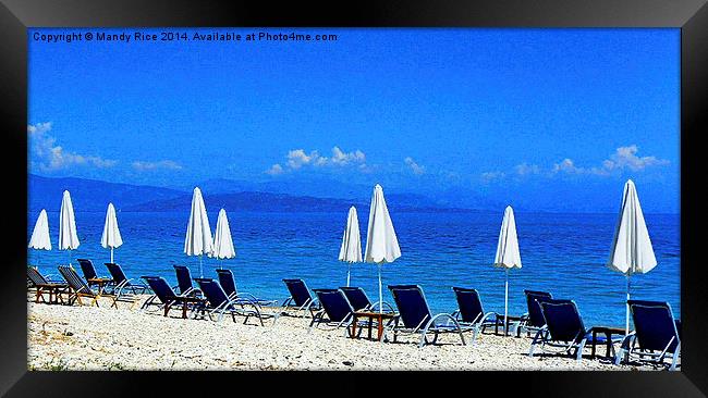 Beach chairs and parasols Framed Print by Mandy Rice