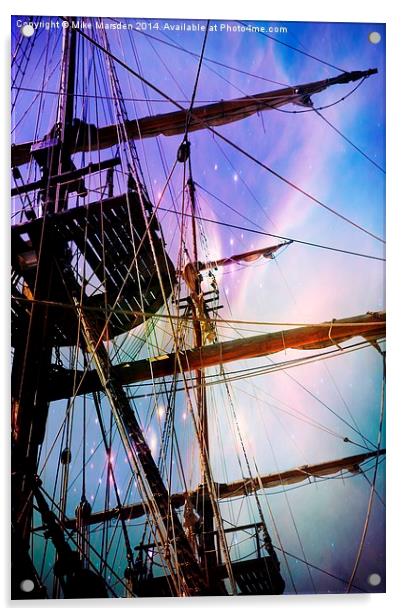 Tall Ship Rigging Set Against A Colourful Sky  Acrylic by Mike Marsden