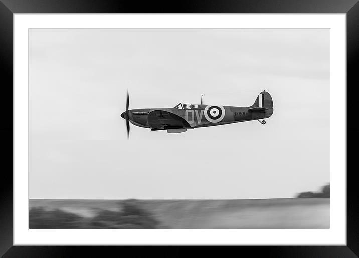 Spitfire low-level flying black and white version Framed Mounted Print by Gary Eason