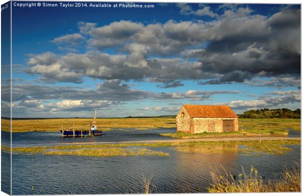 Thornham coal shed at high tide Canvas Print by Simon Taylor