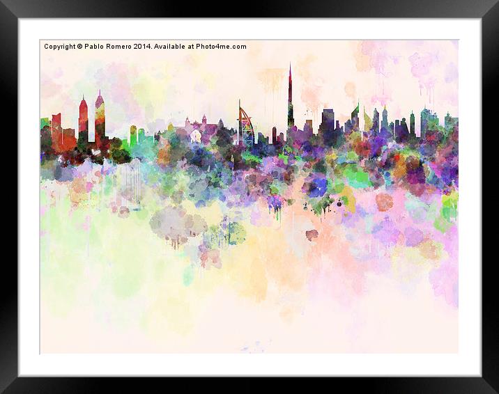 Dubai skyline in watercolor background Framed Mounted Print by Pablo Romero