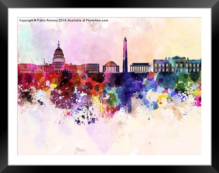 Washington DC skyline in watercolor background  Framed Mounted Print by Pablo Romero