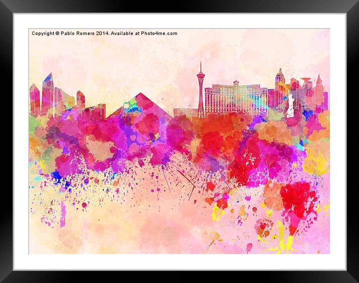 Las Vegas skyline in watercolor background Framed Mounted Print by Pablo Romero