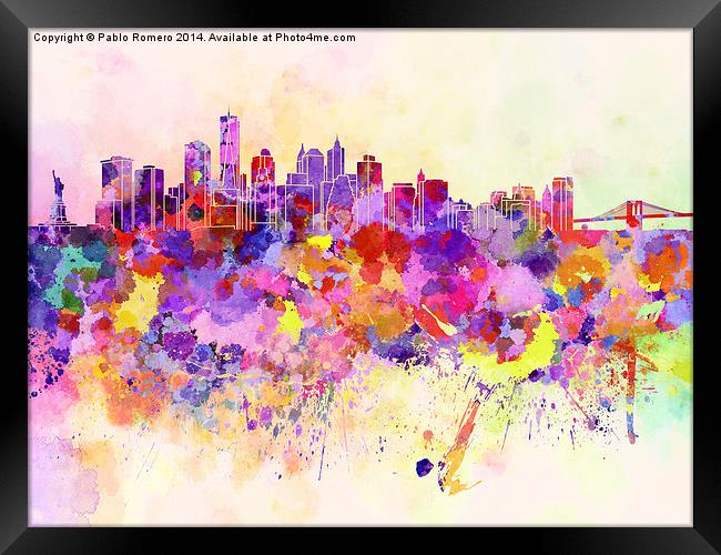 New York skyline in watercolor background Framed Print by Pablo Romero