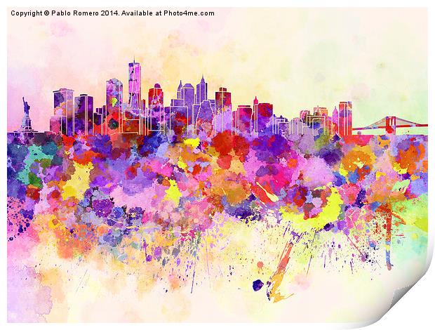 New York skyline in watercolor background Print by Pablo Romero