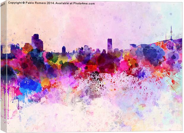Seoul skyline in watercolor background Canvas Print by Pablo Romero
