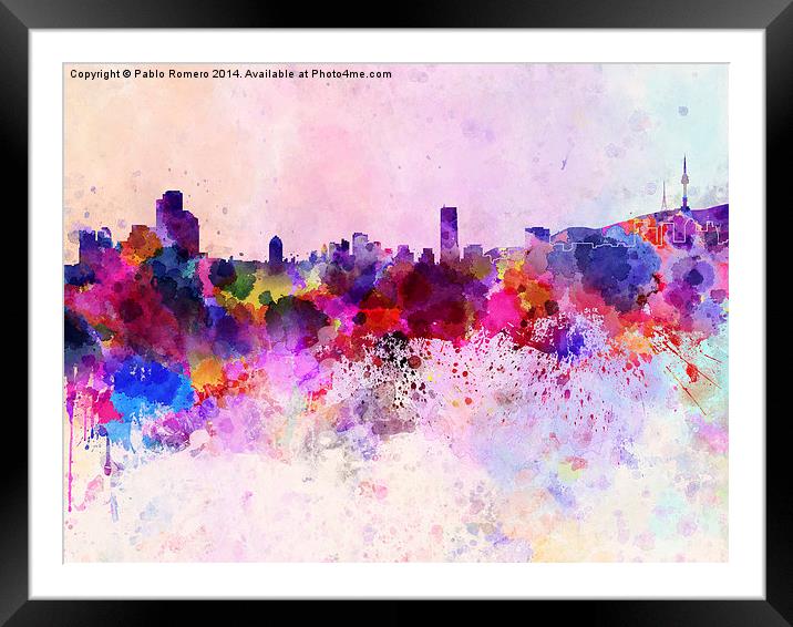 Seoul skyline in watercolor background Framed Mounted Print by Pablo Romero