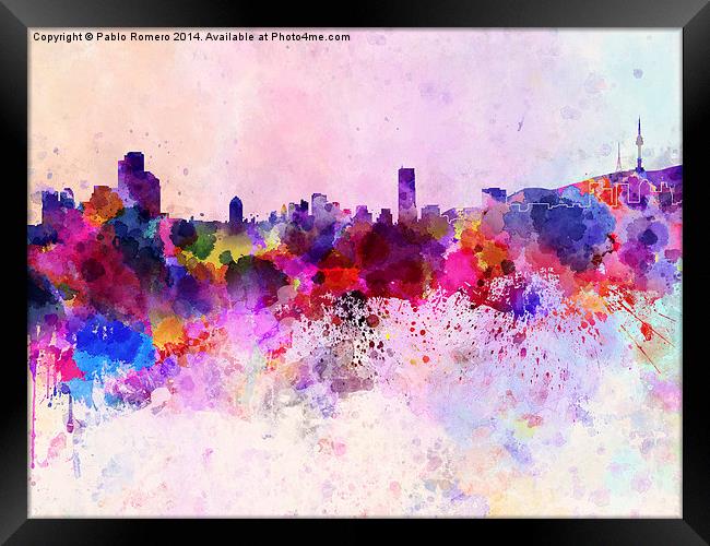 Seoul skyline in watercolor background Framed Print by Pablo Romero