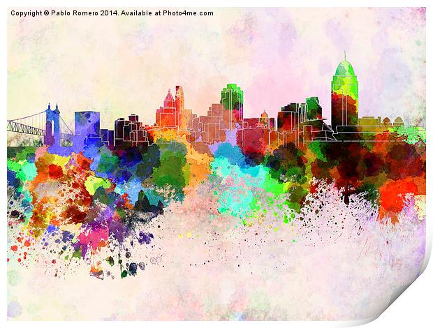 Cincinnati skyline in watercolor background Print by Pablo Romero