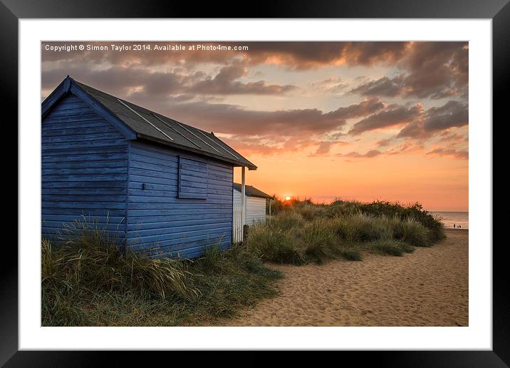 Beach hut sunset in the dunes Framed Mounted Print by Simon Taylor