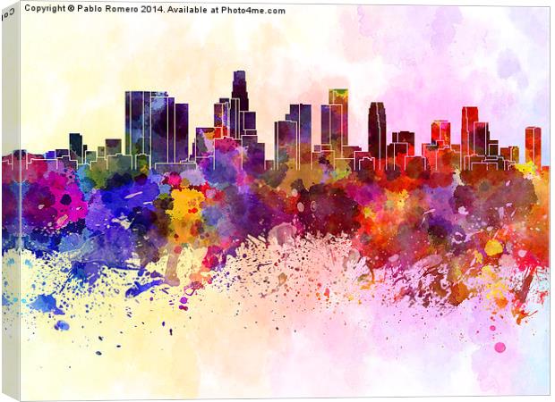 Los Angeles skyline in watercolor background Canvas Print by Pablo Romero