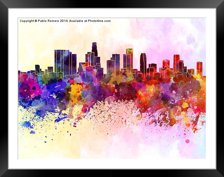 Los Angeles skyline in watercolor background Framed Mounted Print by Pablo Romero