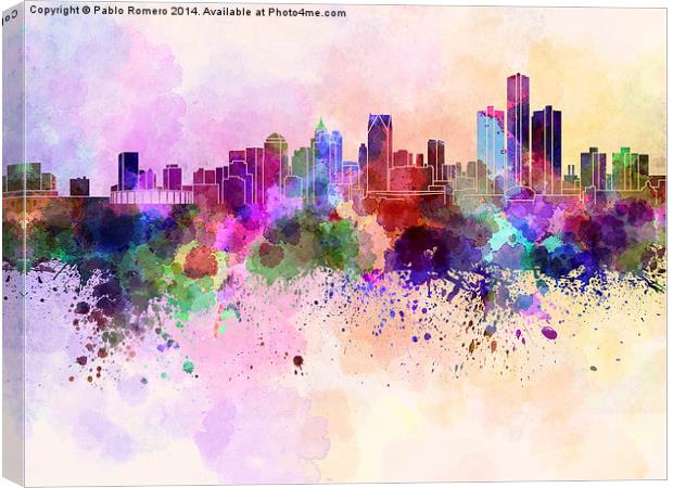 Detroit skyline in watercolor background Canvas Print by Pablo Romero