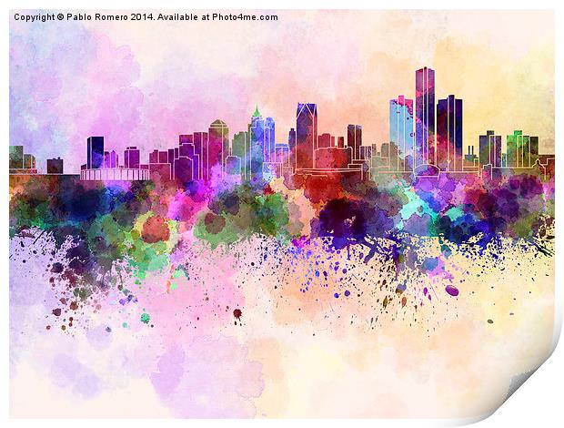 Detroit skyline in watercolor background Print by Pablo Romero