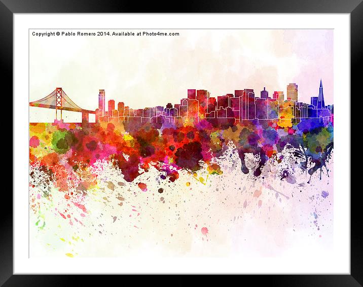 San Francisco skyline in watercolor background Framed Mounted Print by Pablo Romero