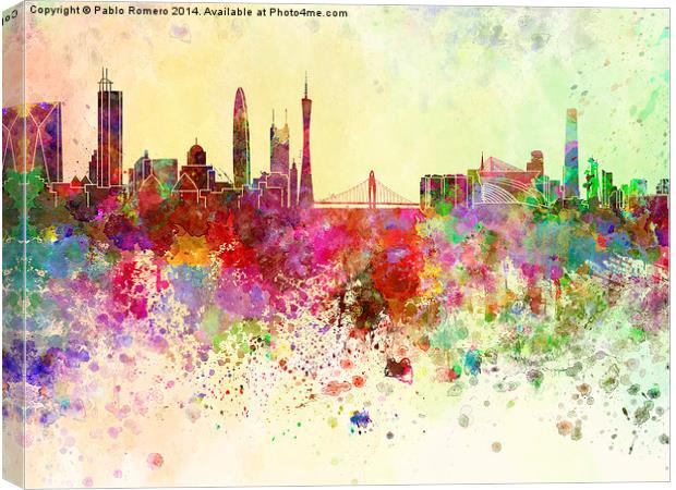 Guangzhou skyline in watercolor background Canvas Print by Pablo Romero