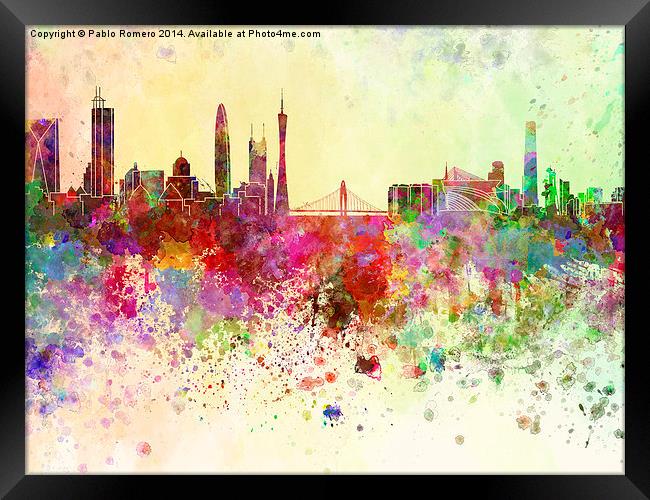Guangzhou skyline in watercolor background Framed Print by Pablo Romero