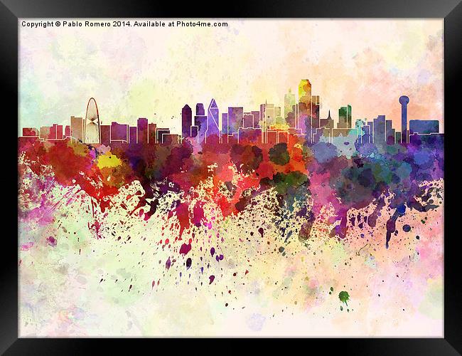 Dallas skyline in watercolor background Framed Print by Pablo Romero