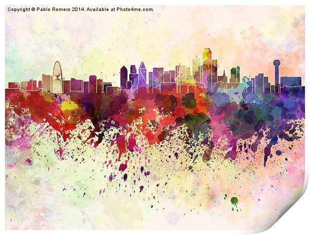 Dallas skyline in watercolor background Print by Pablo Romero
