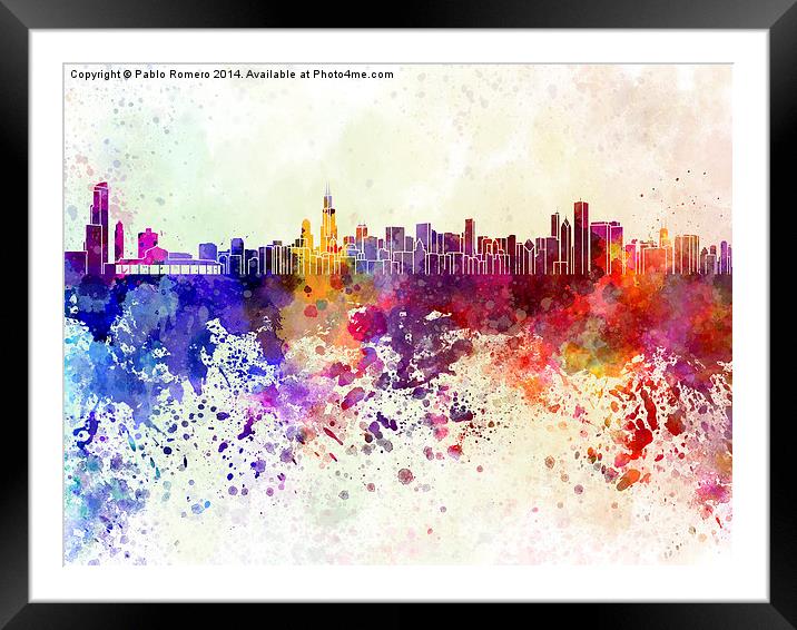 Chicago skyline in watercolor background Framed Mounted Print by Pablo Romero