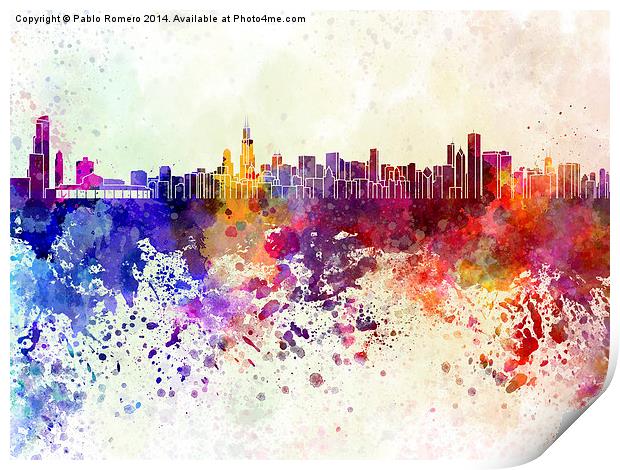 Chicago skyline in watercolor background Print by Pablo Romero