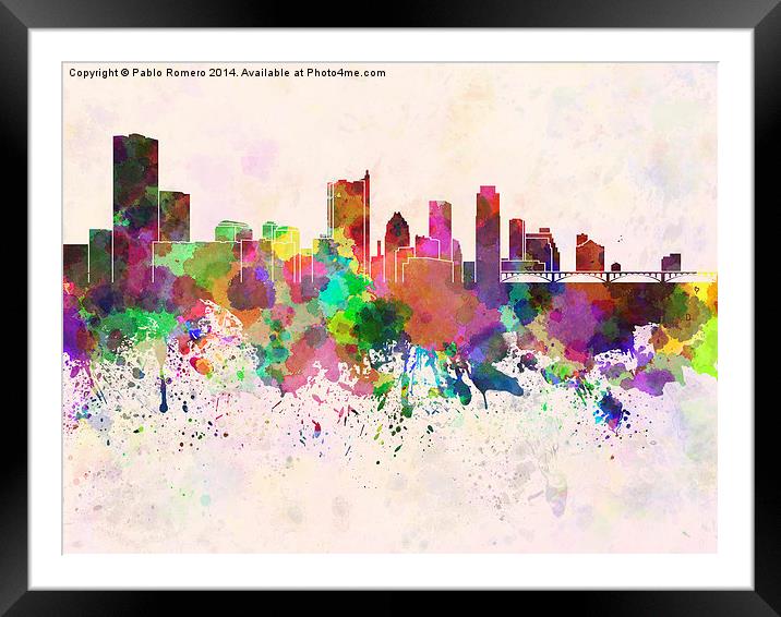 Austin skyline in watercolor background Framed Mounted Print by Pablo Romero