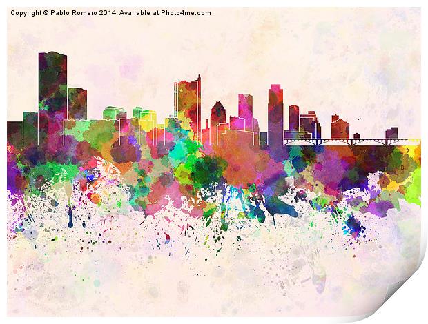 Austin skyline in watercolor background Print by Pablo Romero