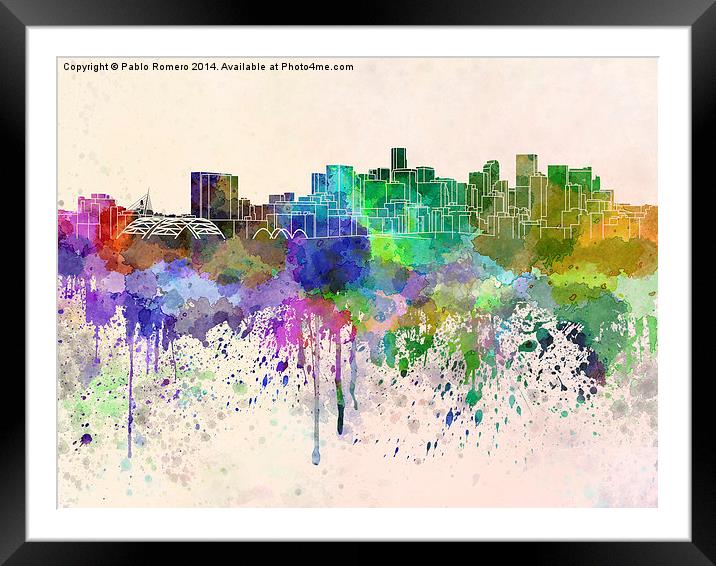 Denver skyline in watercolor background Framed Mounted Print by Pablo Romero