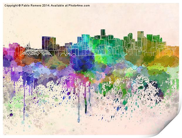 Denver skyline in watercolor background Print by Pablo Romero