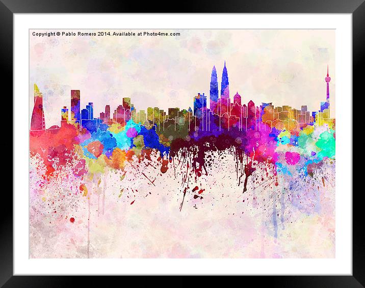 Kuala Lumpur skyline in watercolor background Framed Mounted Print by Pablo Romero