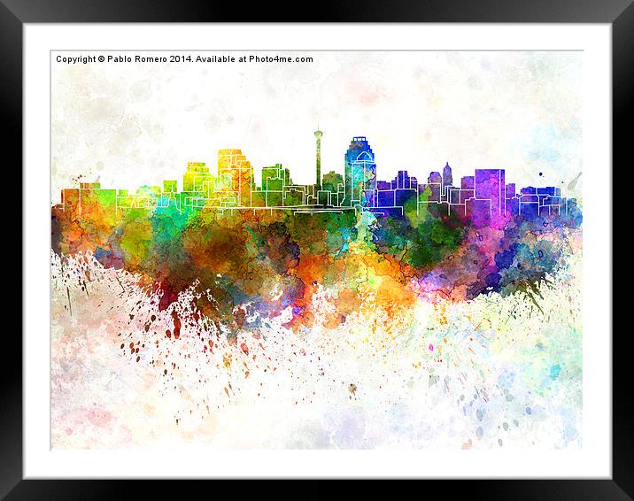 San Antonio skyline in watercolor background Framed Mounted Print by Pablo Romero