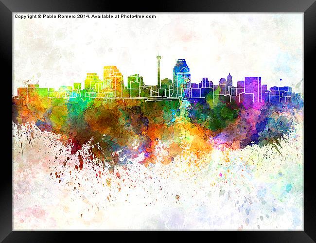 San Antonio skyline in watercolor background Framed Print by Pablo Romero