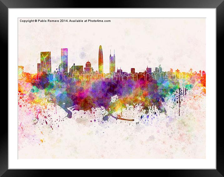 Shenzhen skyline in watercolor background Framed Mounted Print by Pablo Romero